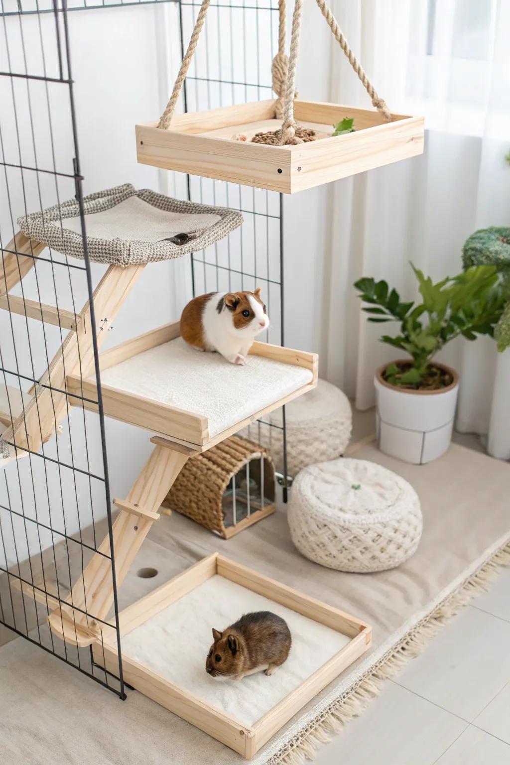 Elevate your guinea pig's play area with chic floating platforms for endless fun and exploration.
