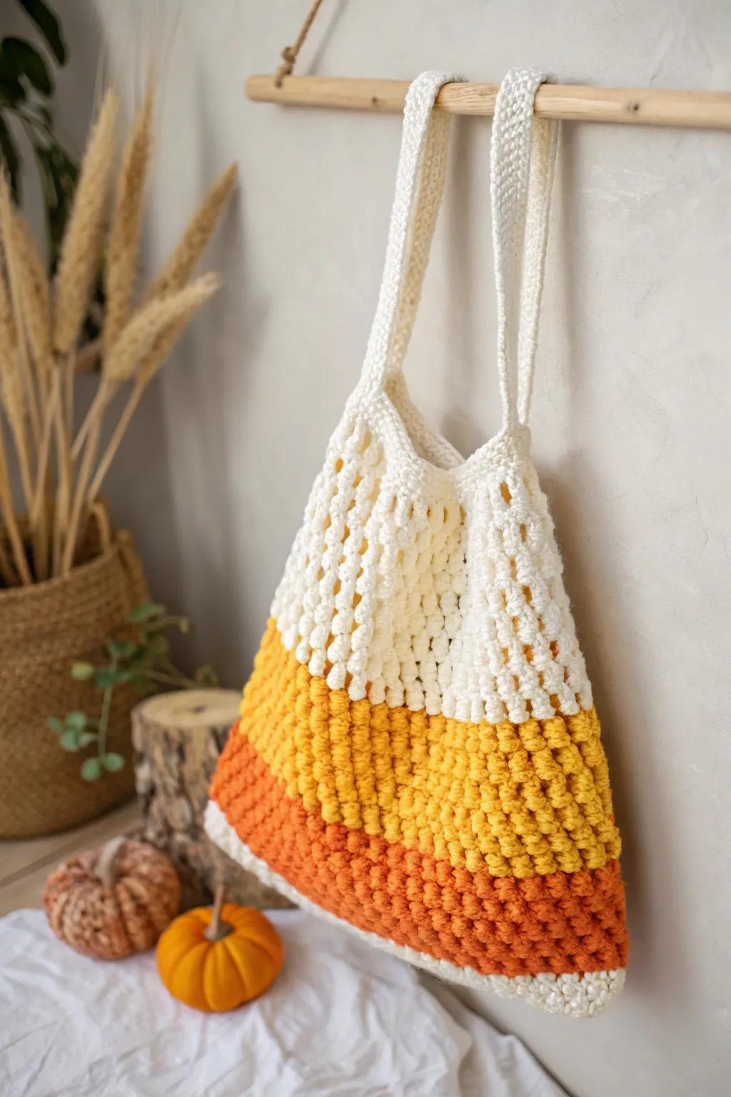 Craft your Halloween in style with these charming candy corn crochet bags!