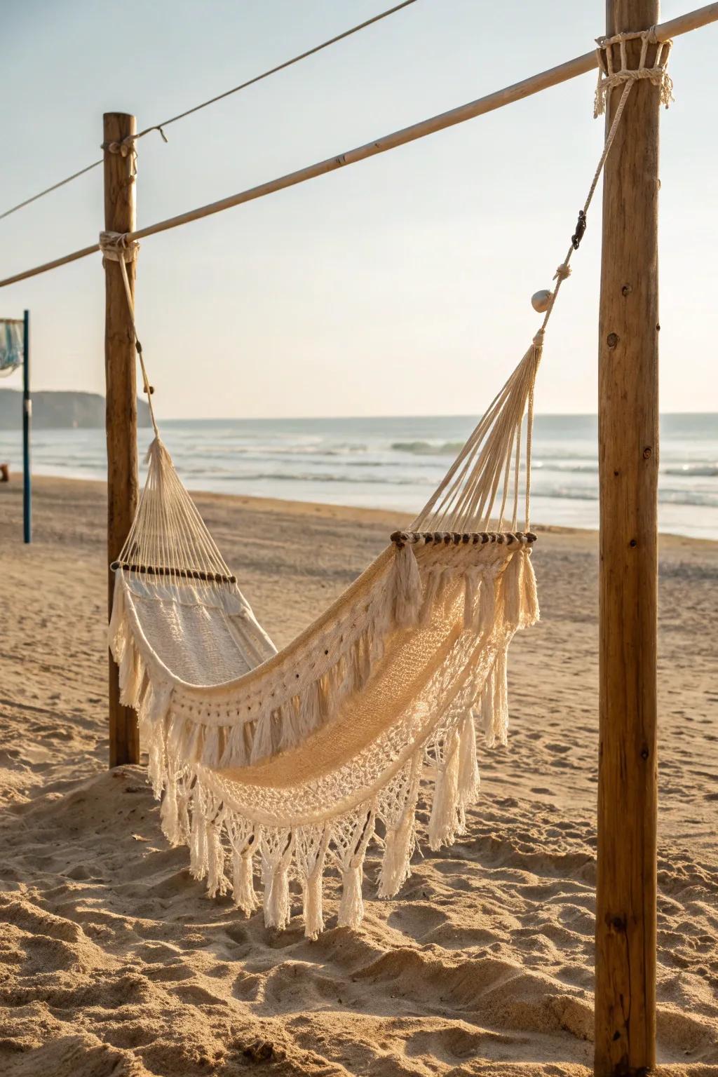 Experience tranquility by the sea with a boho hammock swaying gently between beach volleyball poles. 🌊🏐 #BeachVibes #ScandinavianMinimalism