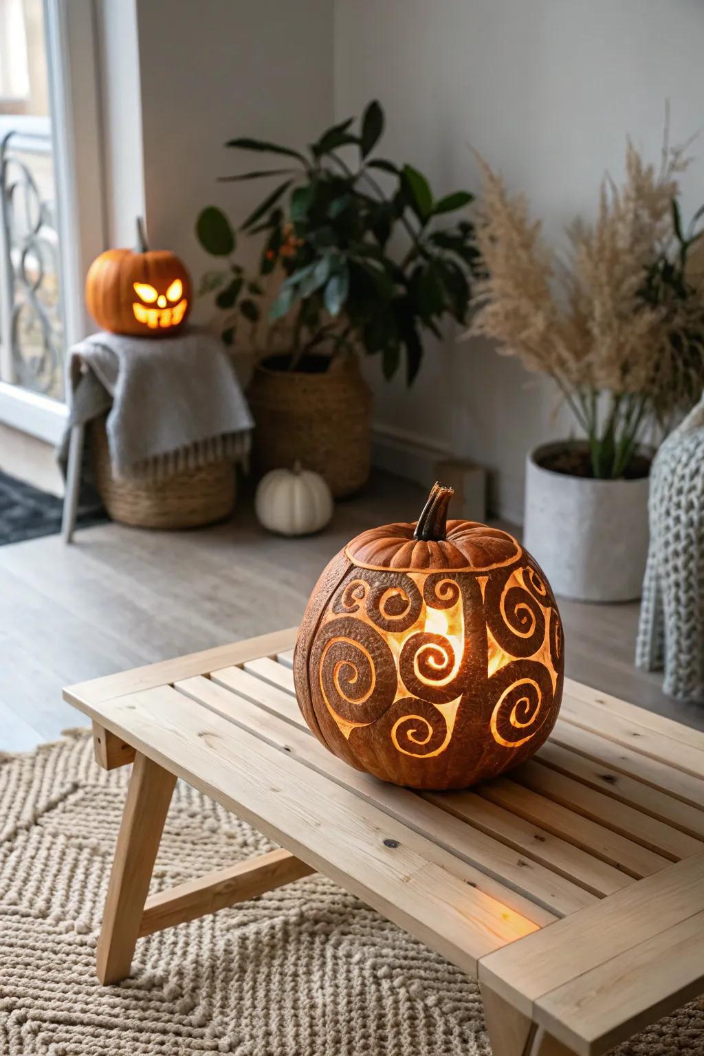 Embrace the art of simplicity with spirited spiral carvings on your autumn pumpkin.