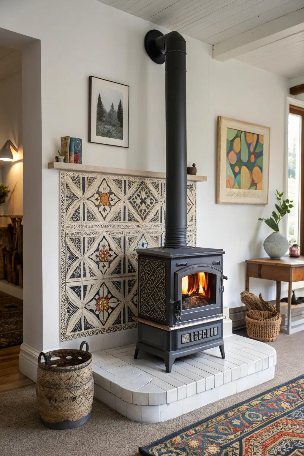 Geometric patterns give the hearth a modern, artistic flair.