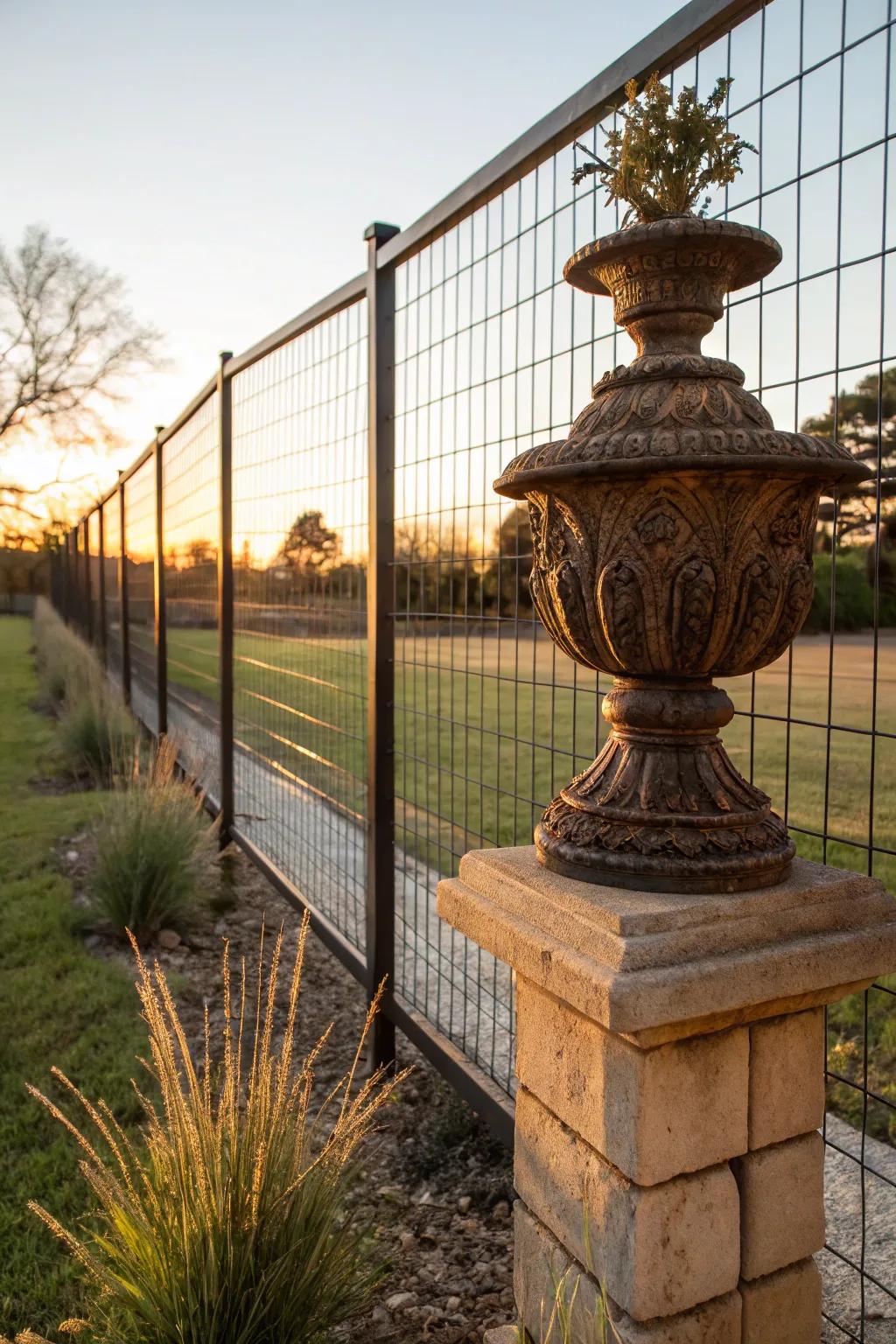 Elevate your garden with art: a stunning sculpture set against a classic hog wire fence.