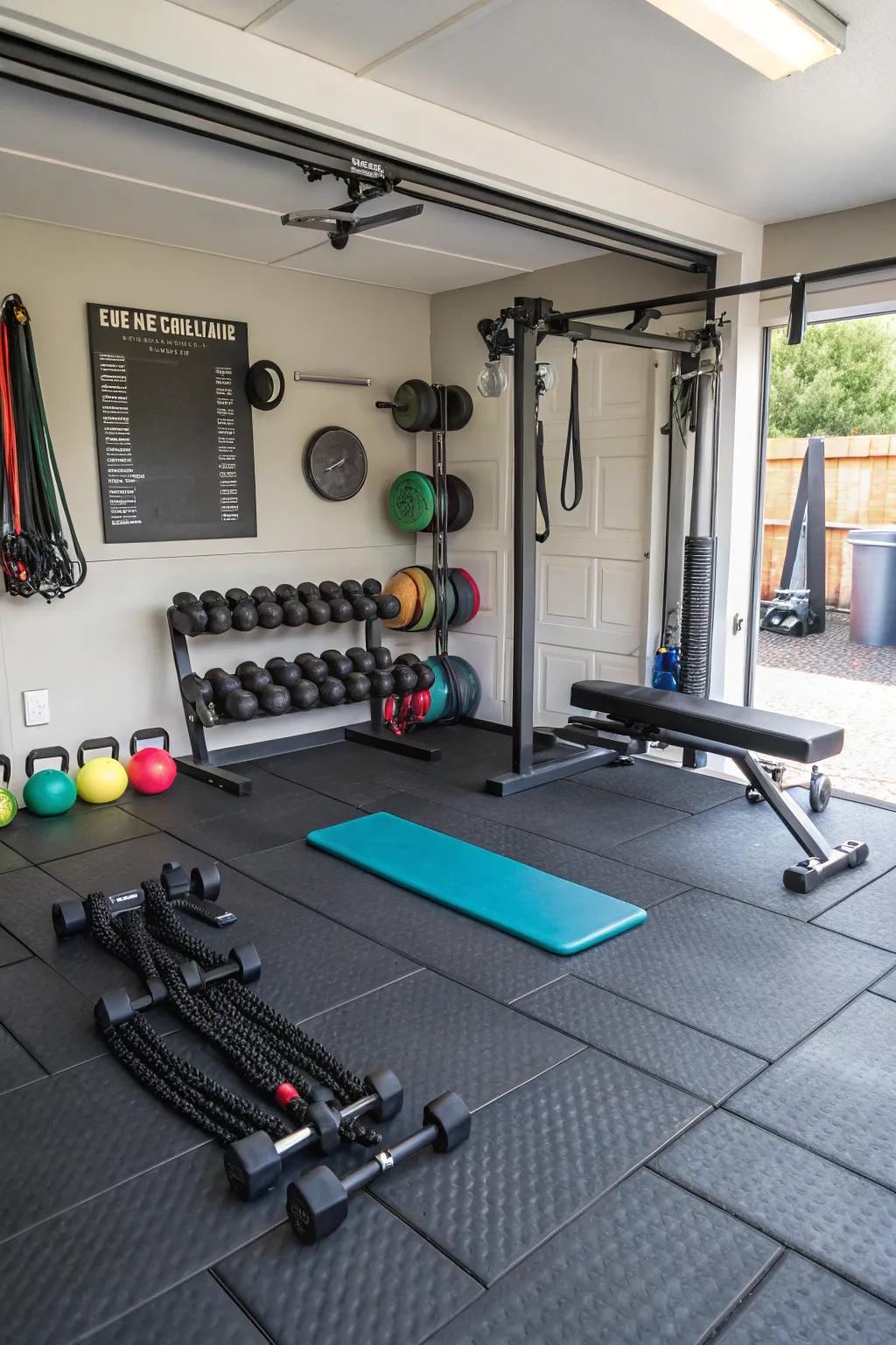 Durable rubber flooring in a home gym for safety and noise reduction.