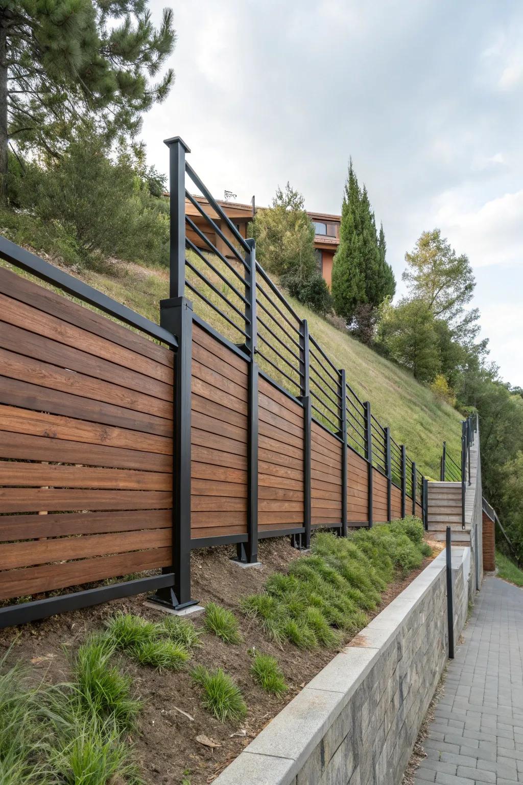 Elevate your outdoor space with a sleek horizontal fence featuring modern metal posts.