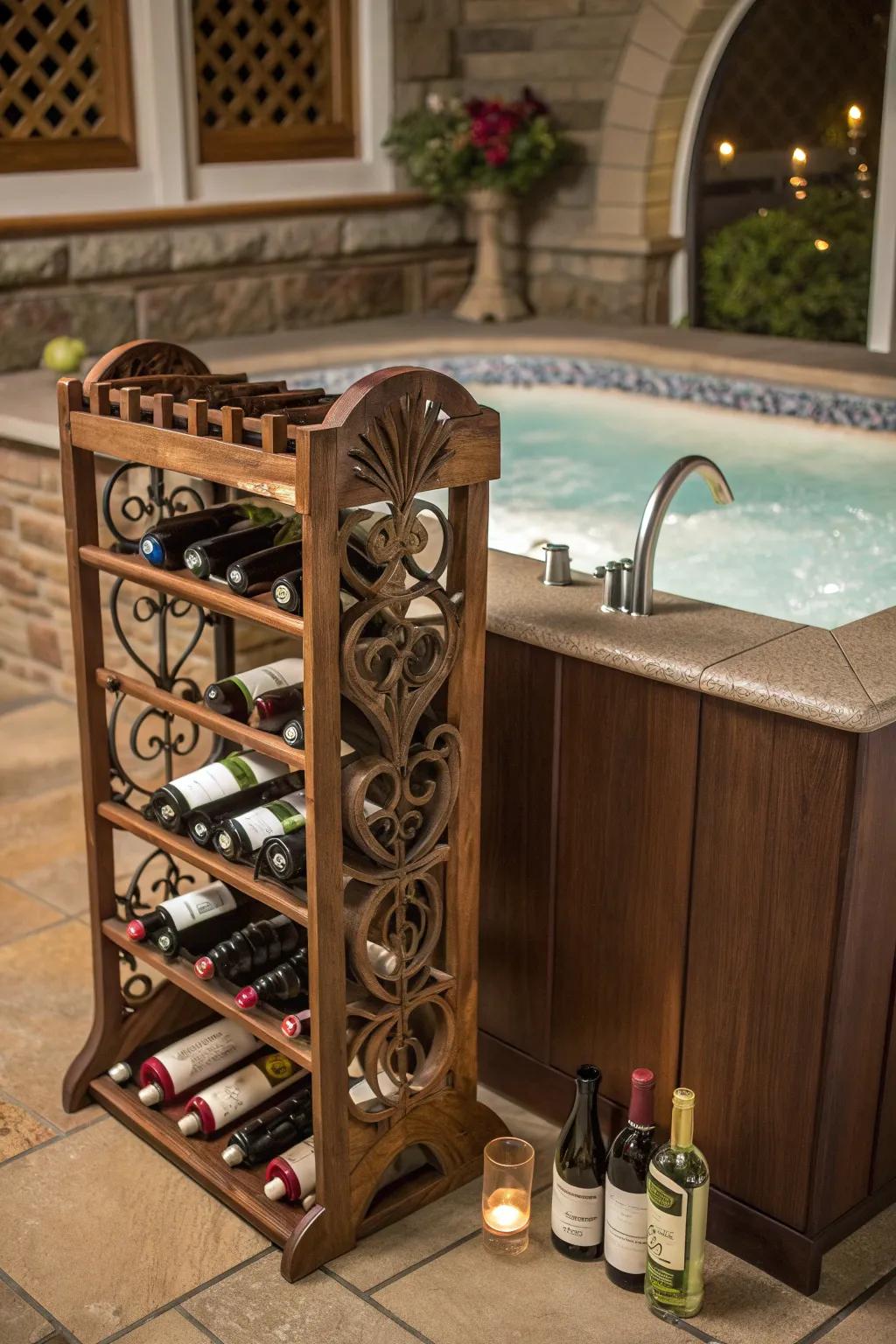 Elevate your hot tub experience with a touch of sophistication: a handcrafted wine rack, perfect for those who appreciate fine craftsmanship and a good glass of wine.