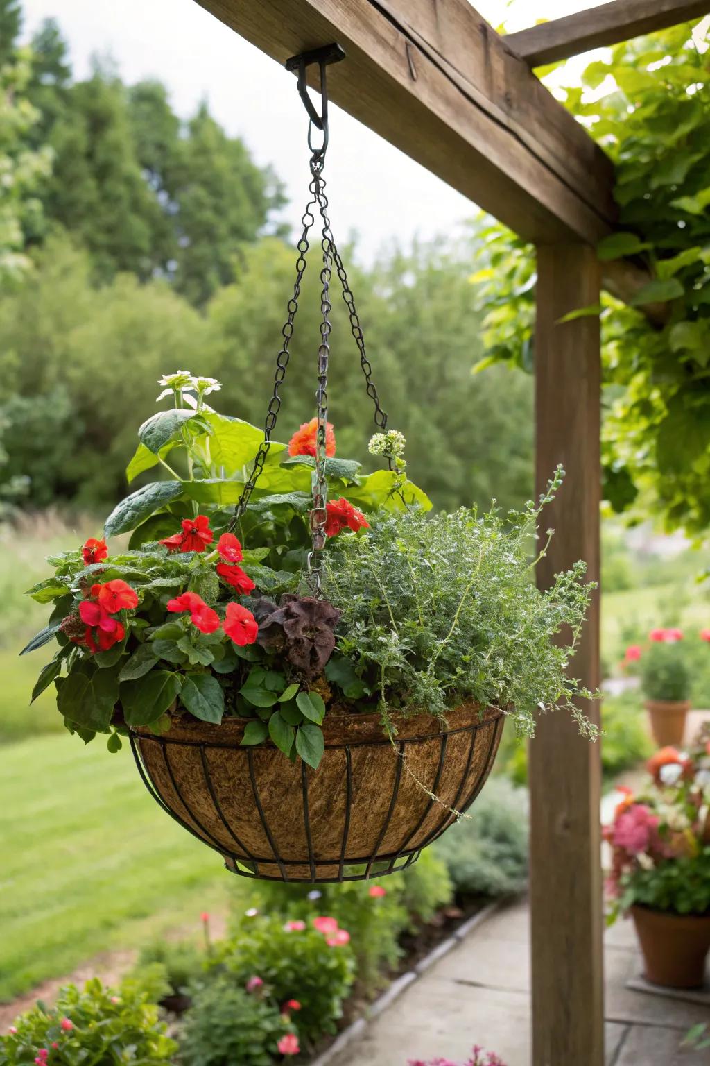A fragrant and colorful mix of begonias and herbs delights the senses.