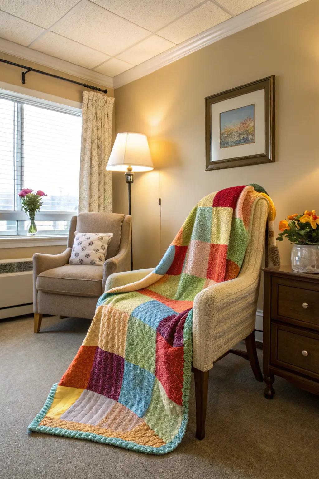 A decorative throw adds color and coziness to the room.