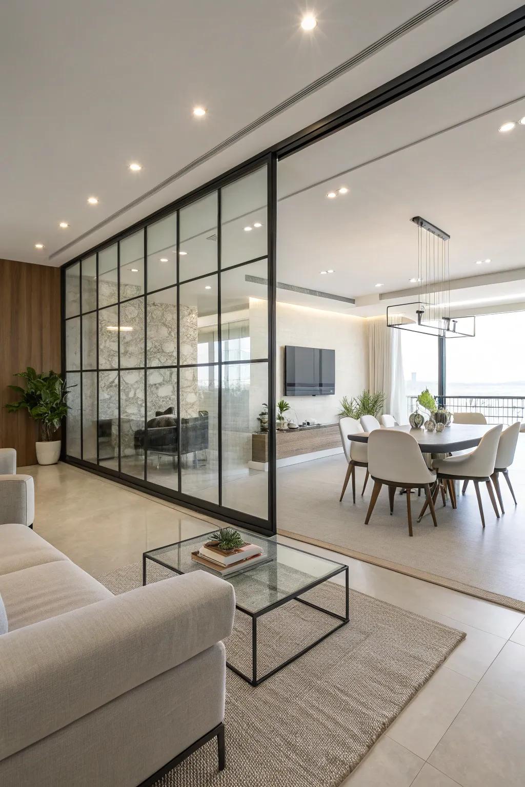 Glass panels maintain openness while creating a clear divide.