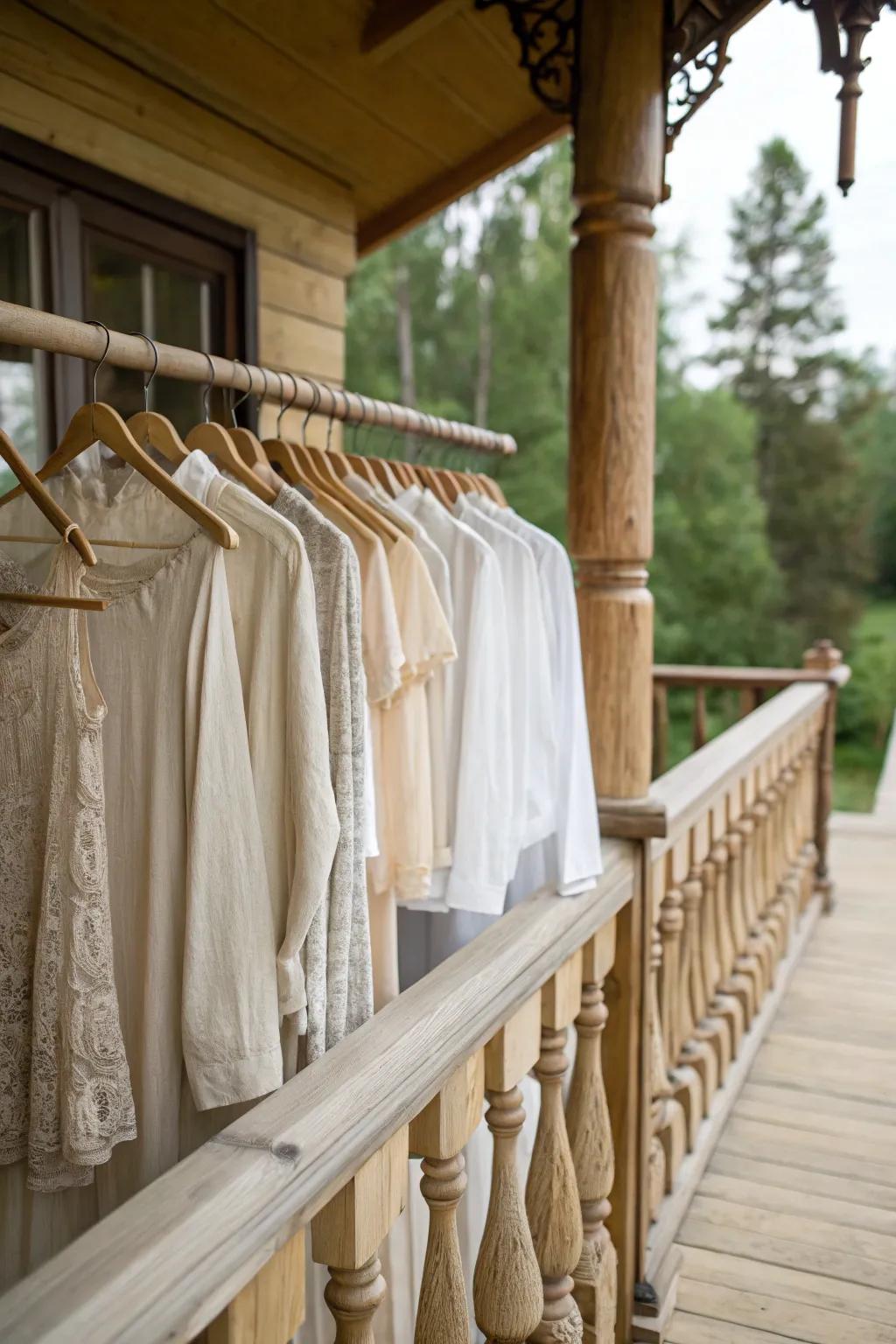 Elevate your garage sale display with effortless elegance using porch railings as your canvas. 🌿✨