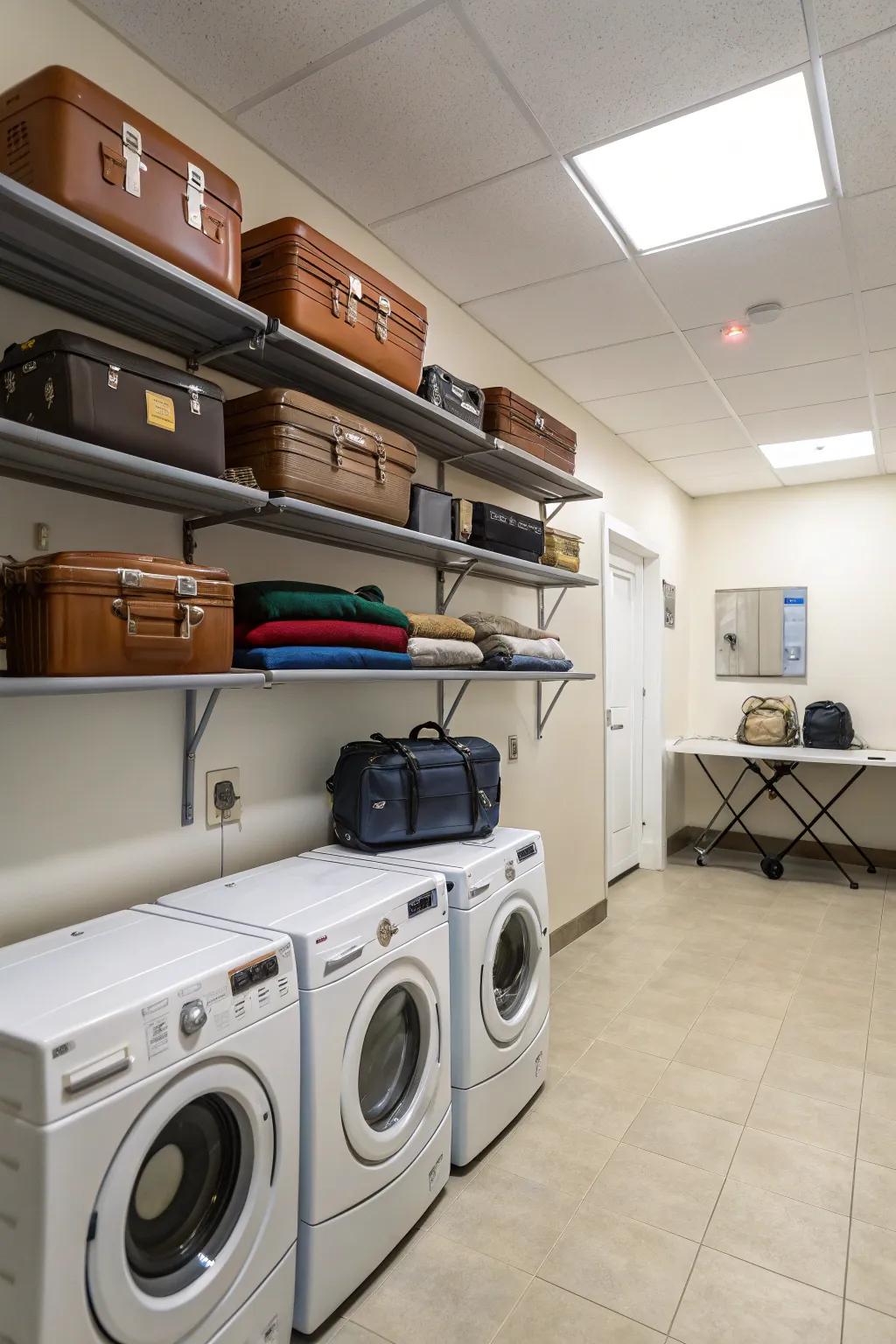 Wall-mounted shelves offer a practical solution for suitcase storage.