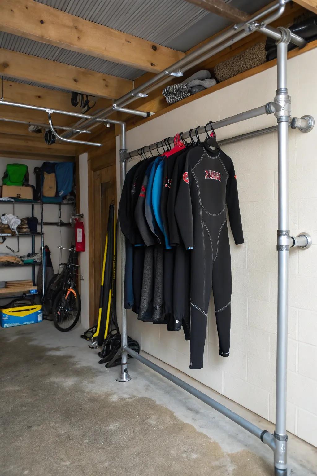 A DIY pipe rack holding wetsuits in a garage setting.