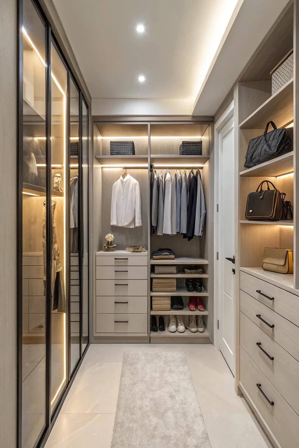 Built-in storage offers a seamless and stylish closet solution.