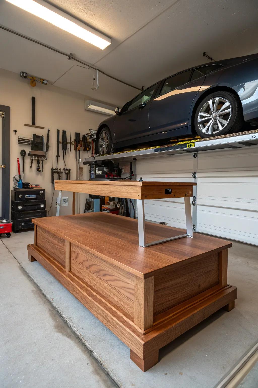 Elevate your garage organization with a stylish platform riser that combines form and function.