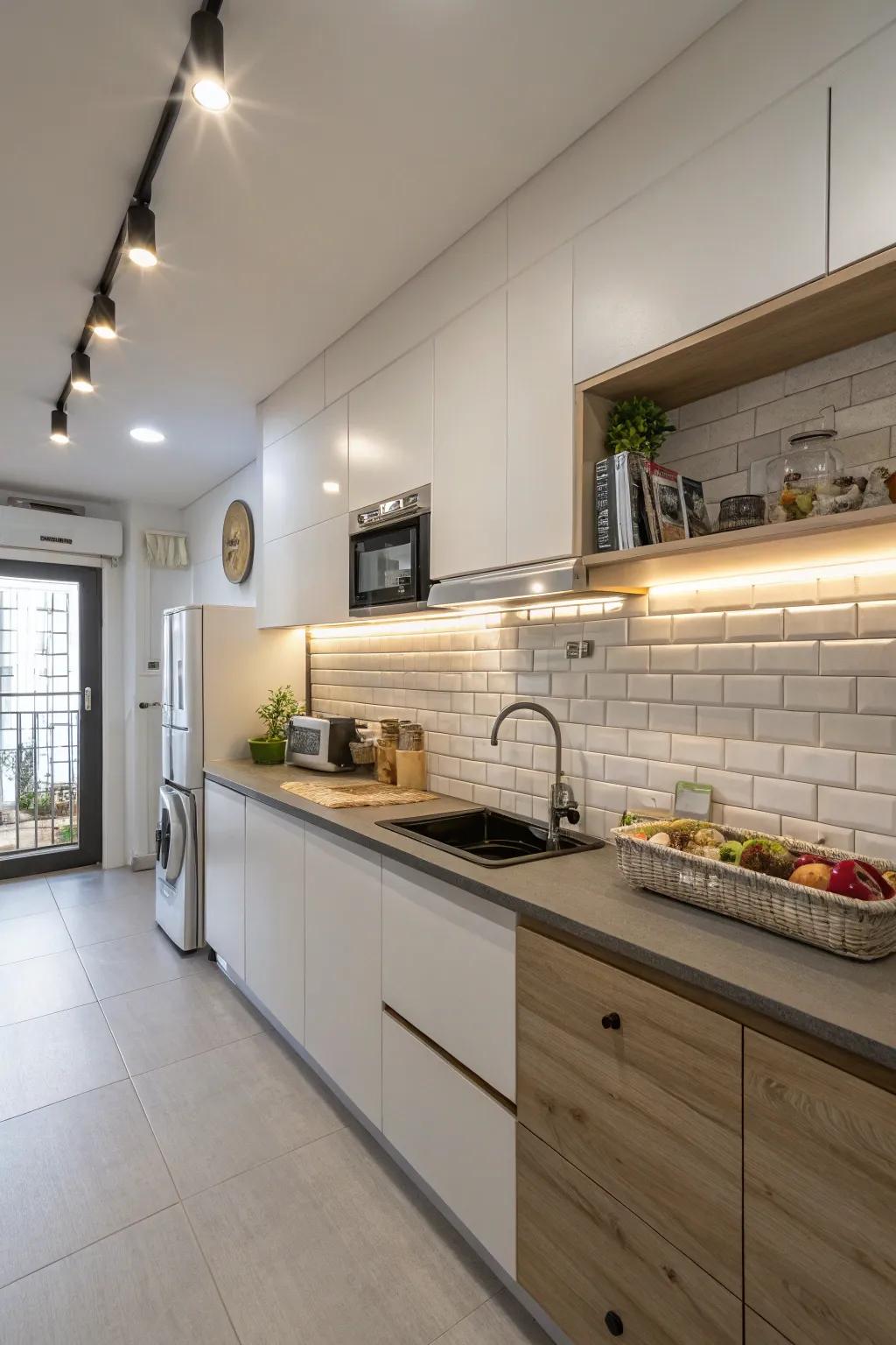 A narrow extension adding functionality to a compact kitchen.