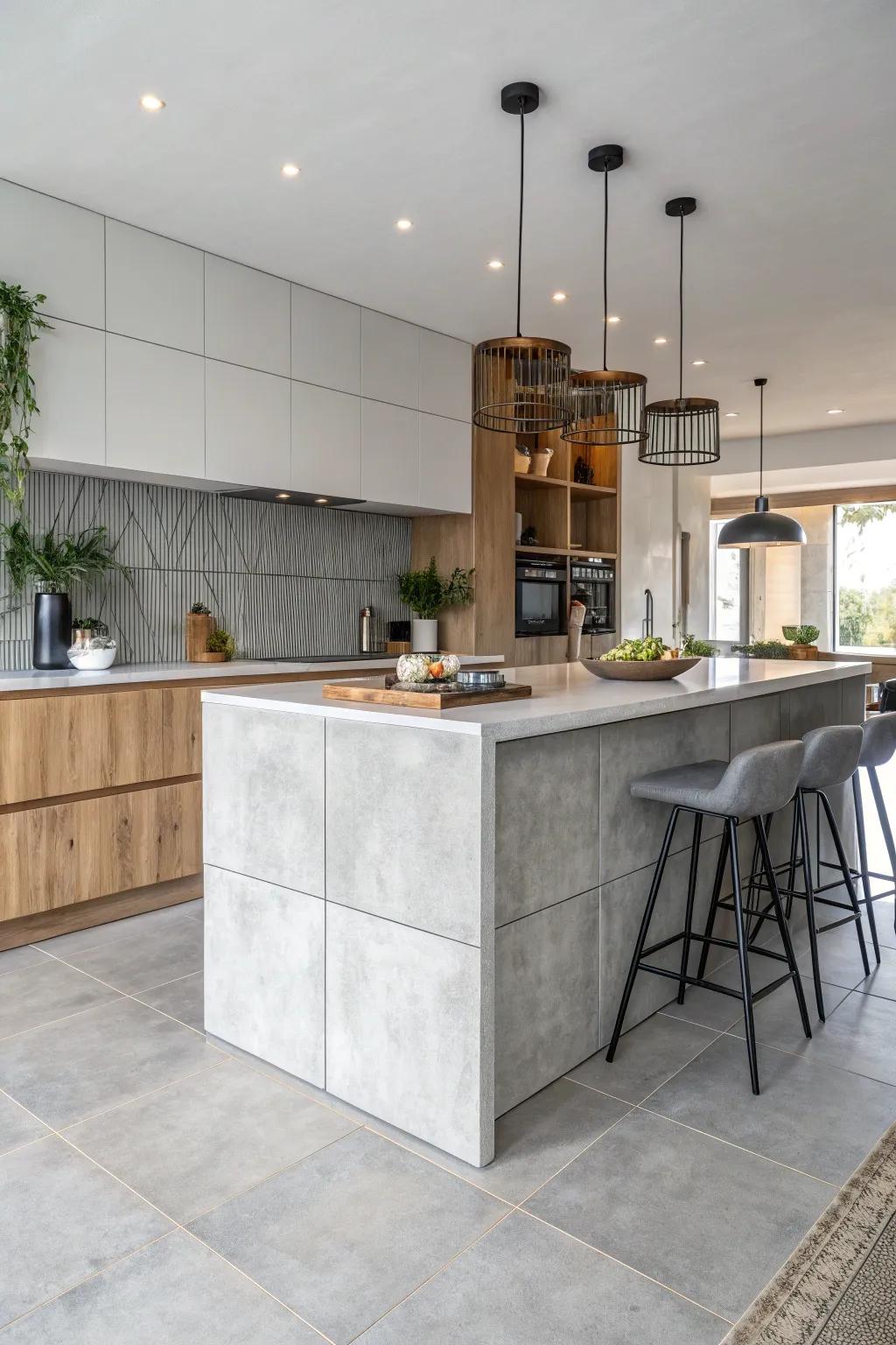 Embrace the cool elegance of concrete tiles for a chic, industrial kitchen island look.