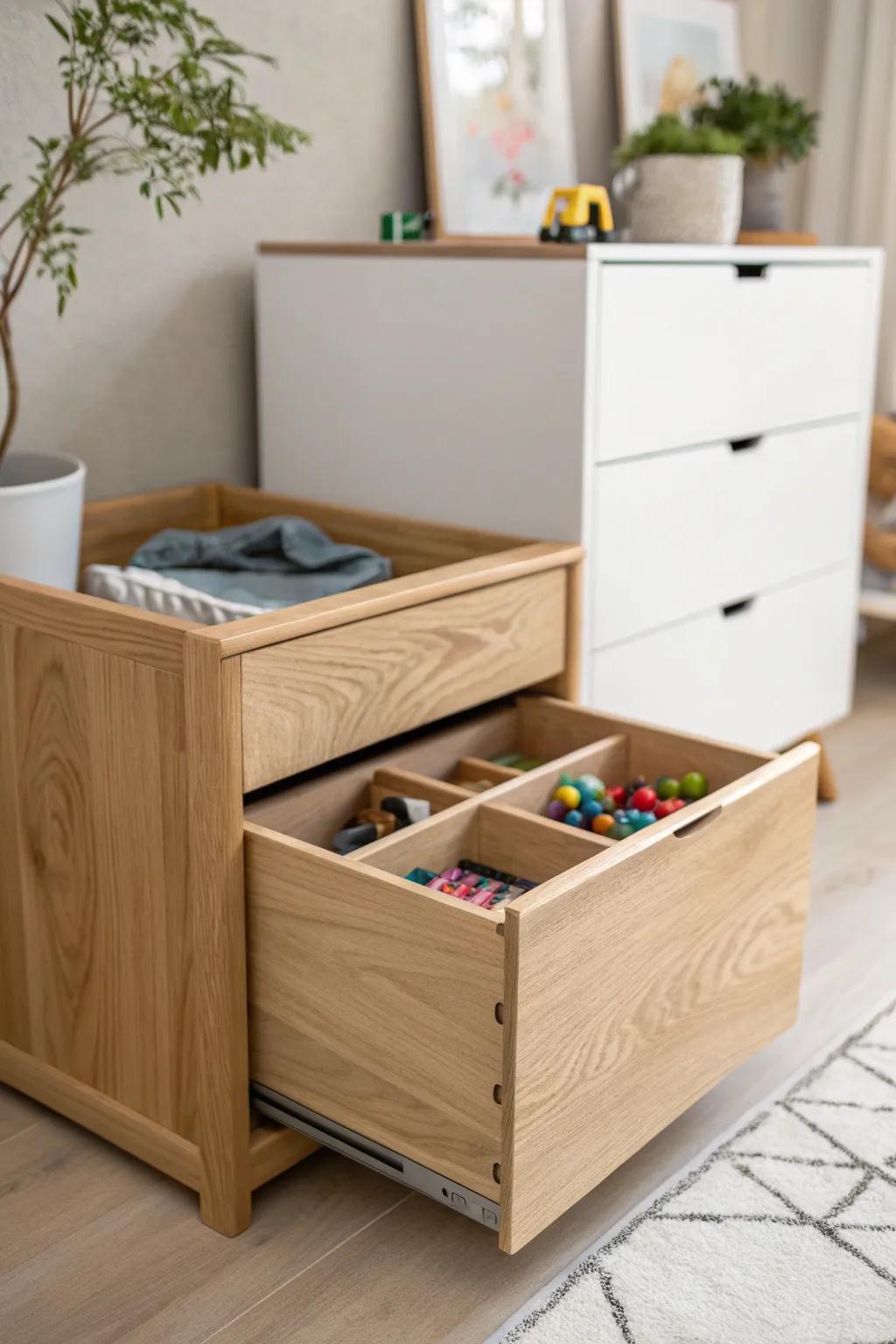 Effortlessly stylish and functional: Discover the charm of hidden toy storage with minimalist pull-out bins.