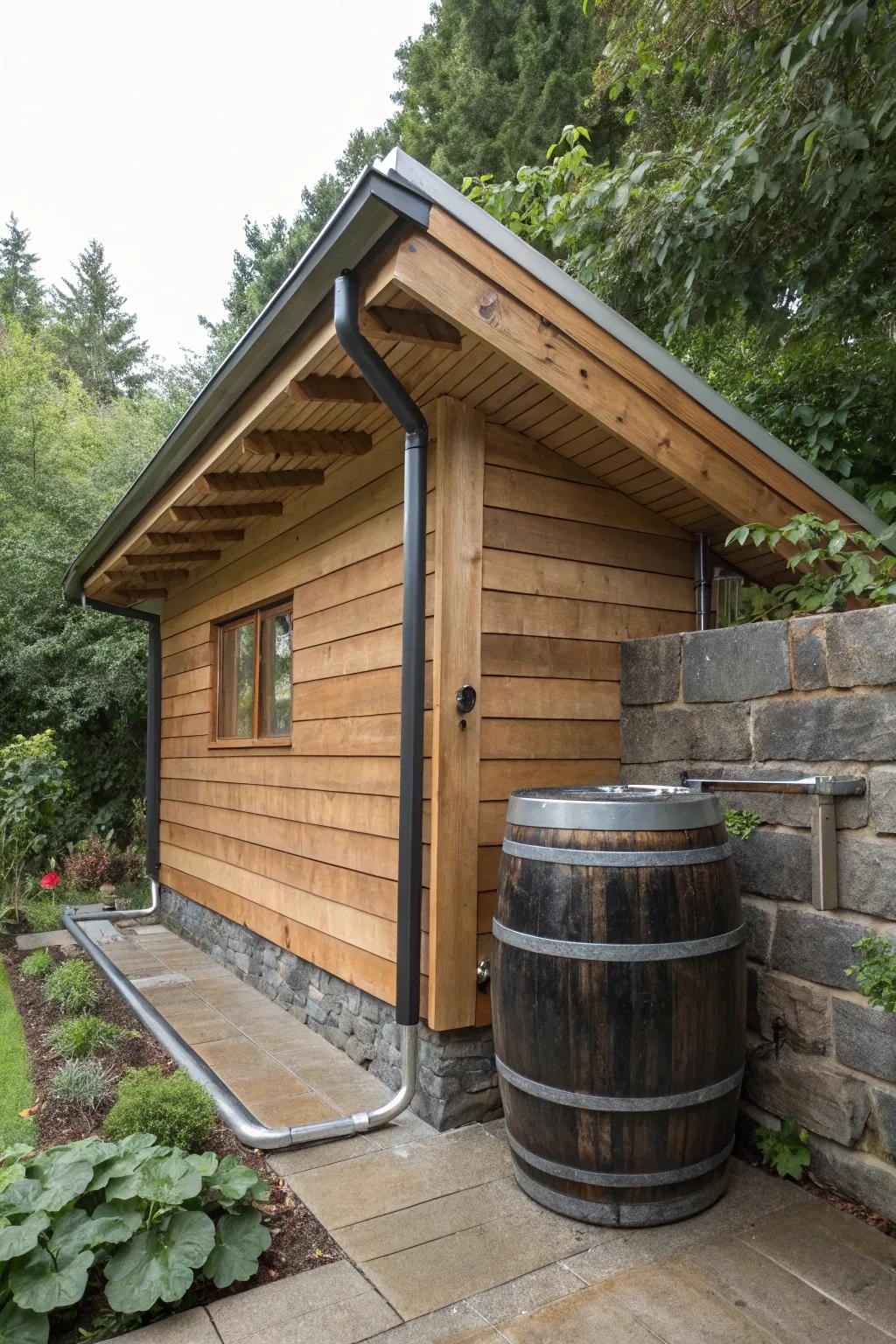 Master the art of water conservation with an elegantly designed rainwater collection system for your shed.