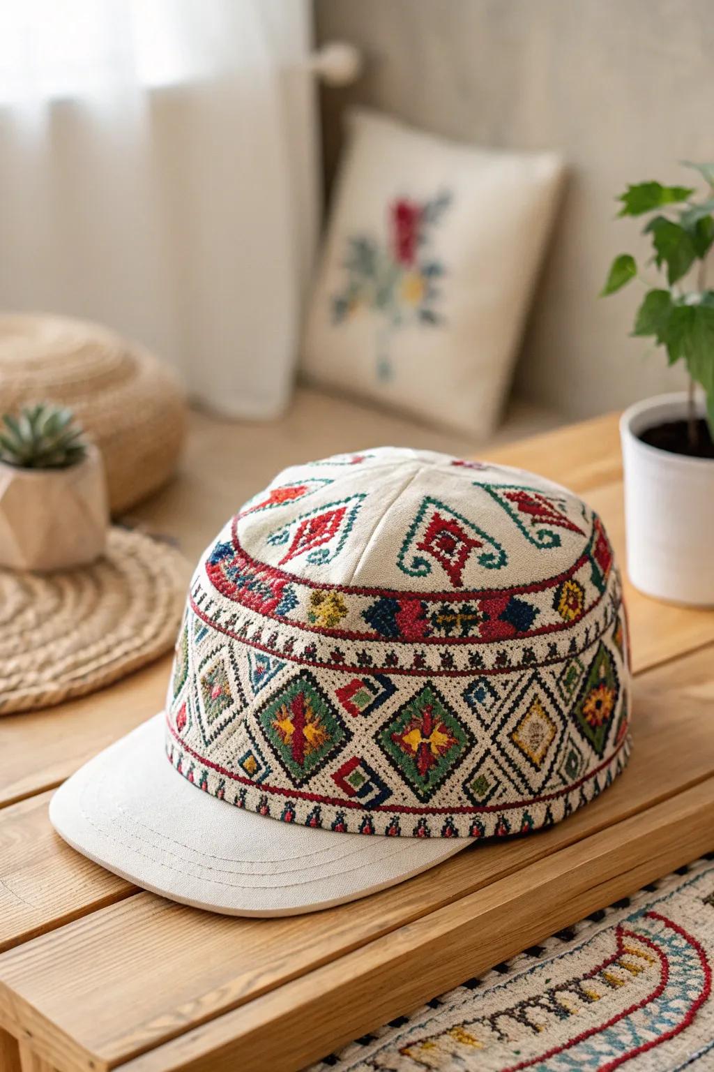 Embrace your heritage with a touch of artistry. This cap's vibrant patterns are a celebration of cultural storytelling.