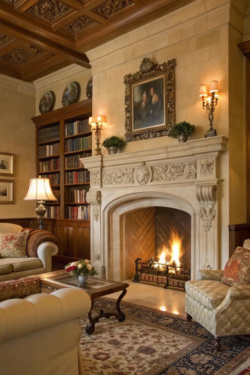 Classic elegance shines through an ornate light stone fireplace.