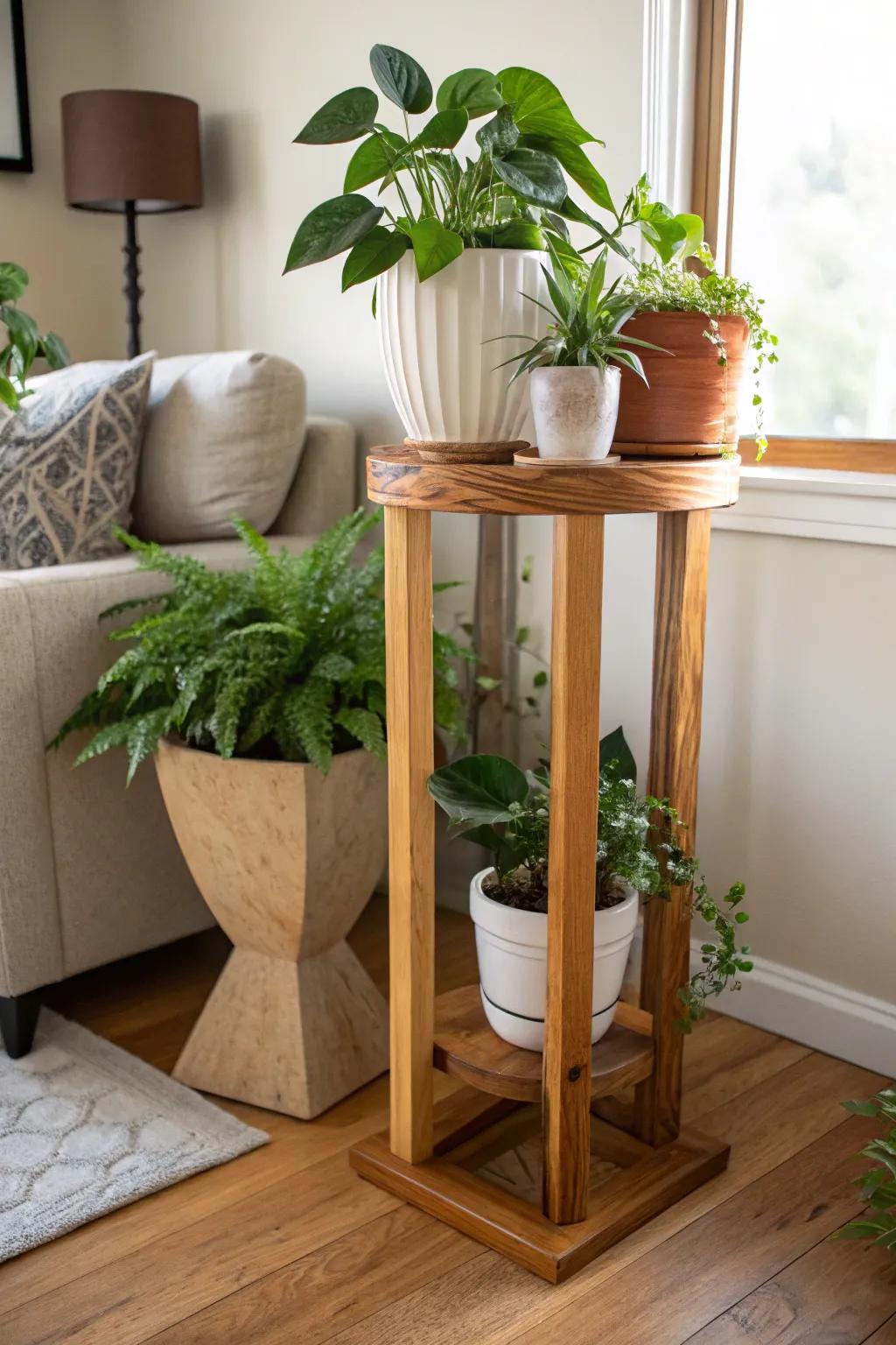 A DIY plant stand brings greenery and style to your space.