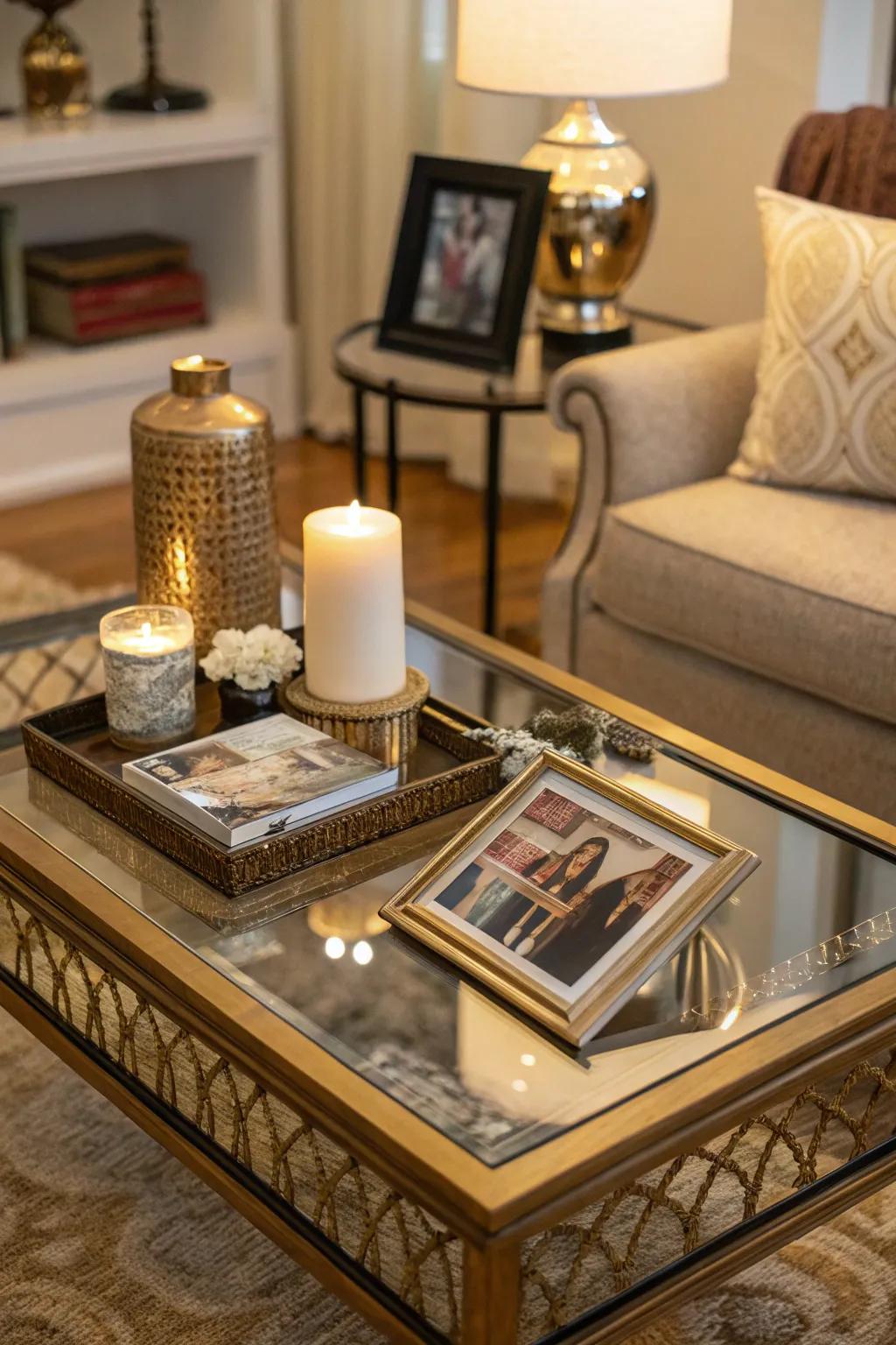 Personal mementos make your mirror table decor uniquely yours.