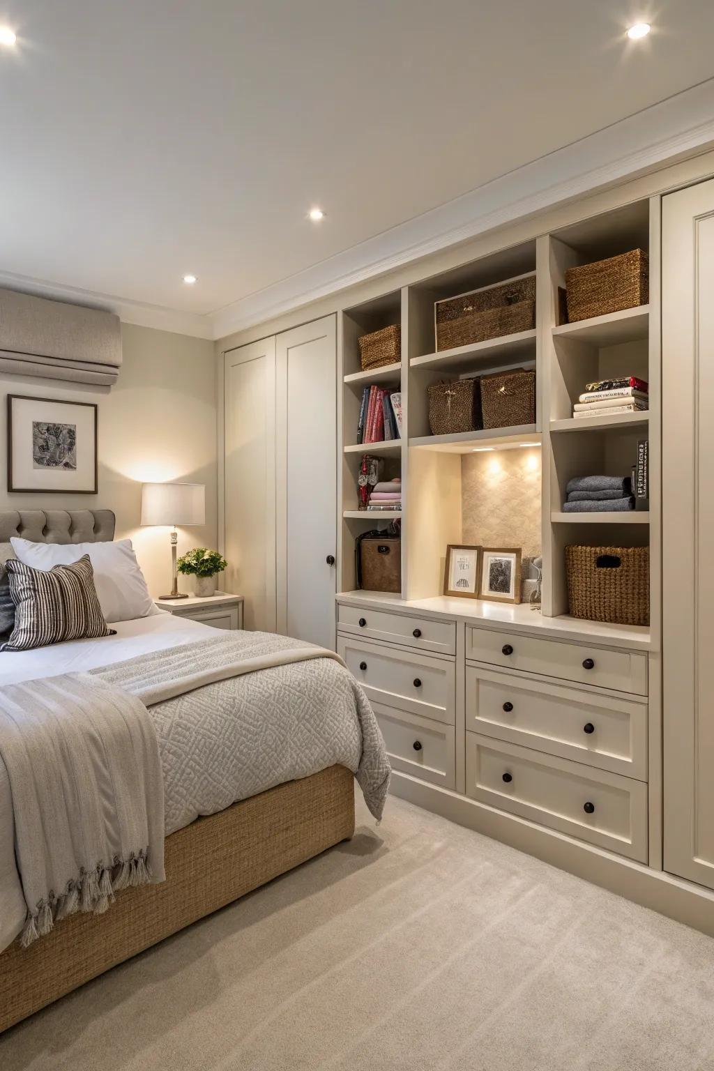 Subtle storage solutions maintain order in this guest bedroom.