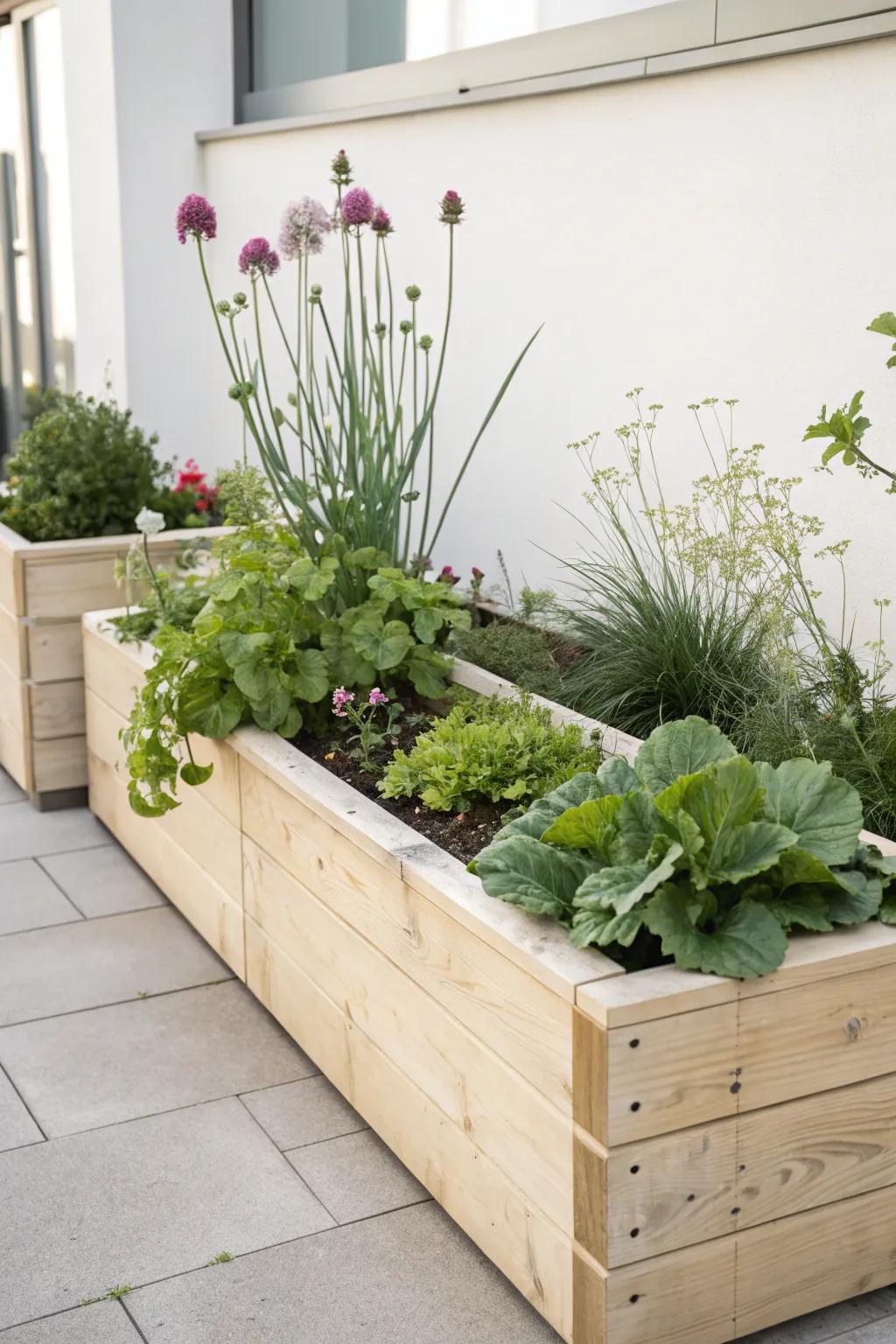 Discover the art of mixing greenery and blooms in a modern raised garden bed for a stunning natural display.