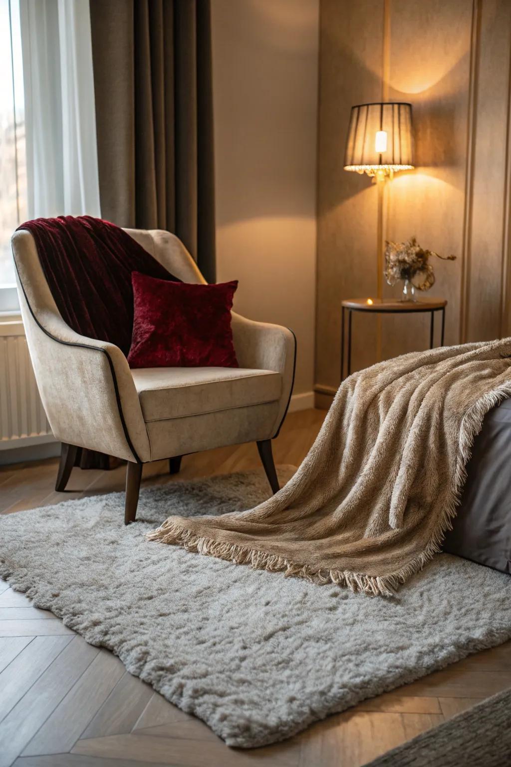 Luxury elements such as a plush rug and velvet throw enhance the room's style.