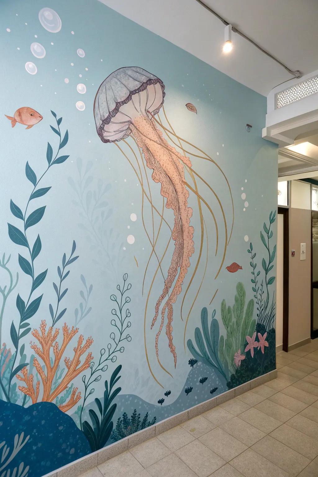 Dive into a world of wonder with this stunning alternate reality mural, where simplicity meets the sea.