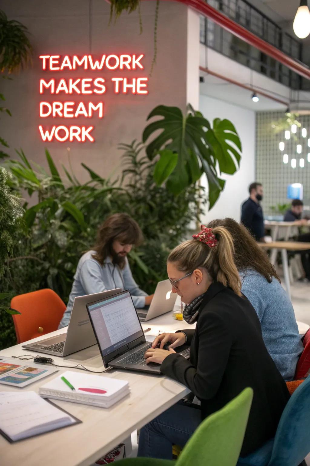 A collaborative workspace with a 'Teamwork Makes the Dream Work' neon sign.