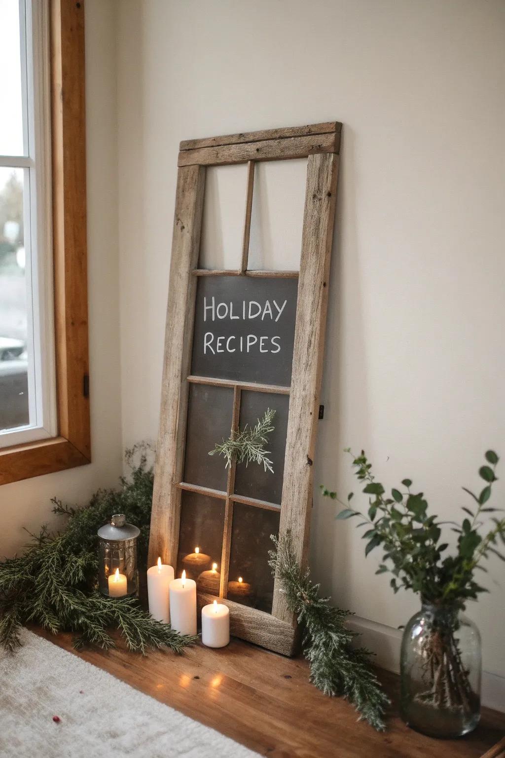 Transform your festive gathering with a charming window pane menu board, blending minimalist elegance with a touch of Boho warmth.