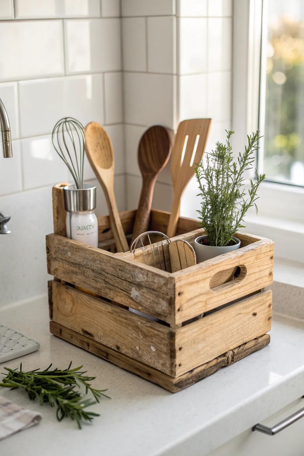 Transform your kitchen with a touch of rustic elegance—an old wooden crate as a charming utensil holder.