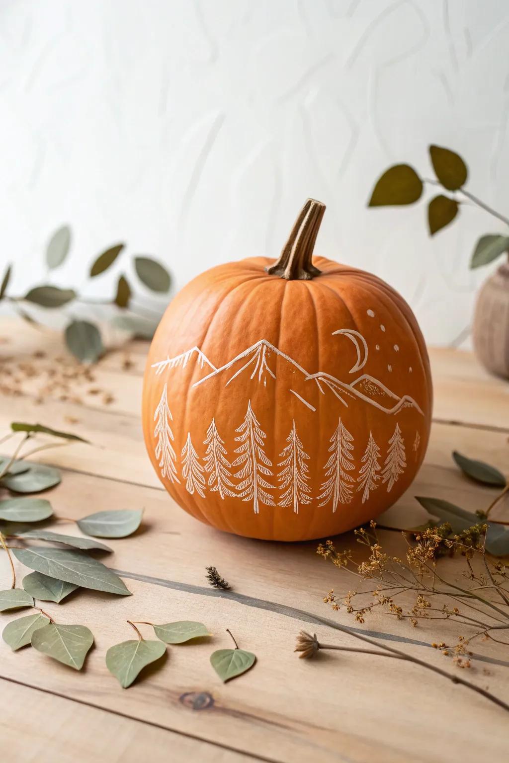 Bring the tranquil beauty of nature indoors with this elegantly painted pumpkin, perfect for adding a touch of minimalist charm to your space.