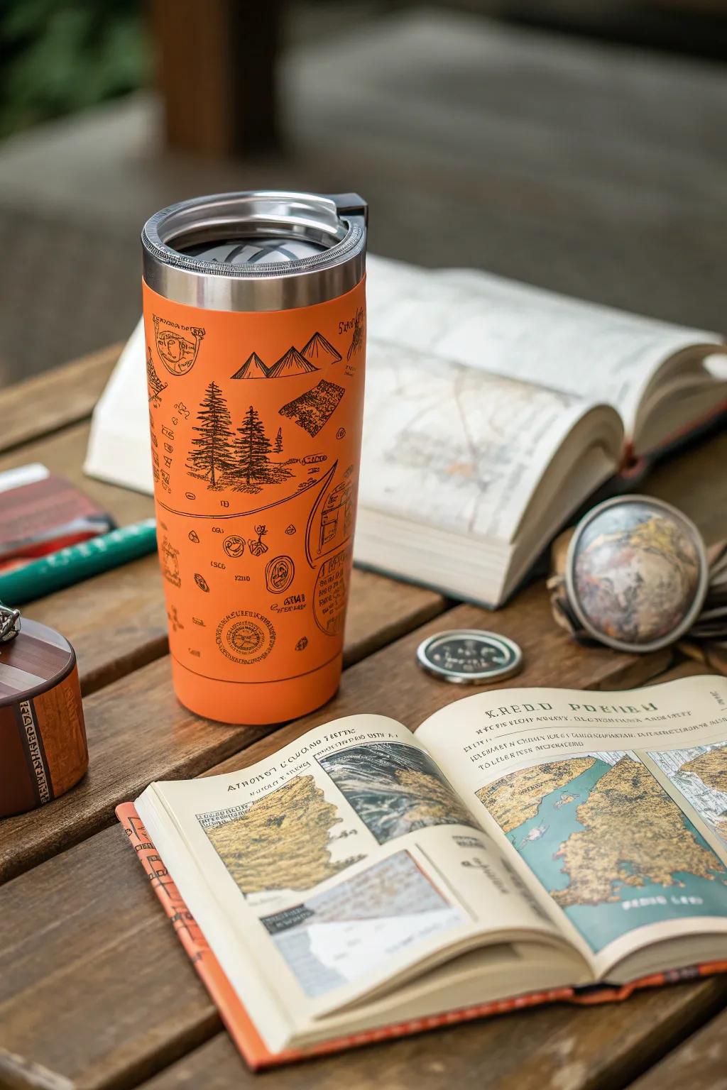 Vintage travel motifs on tumblers inspire your next adventure.