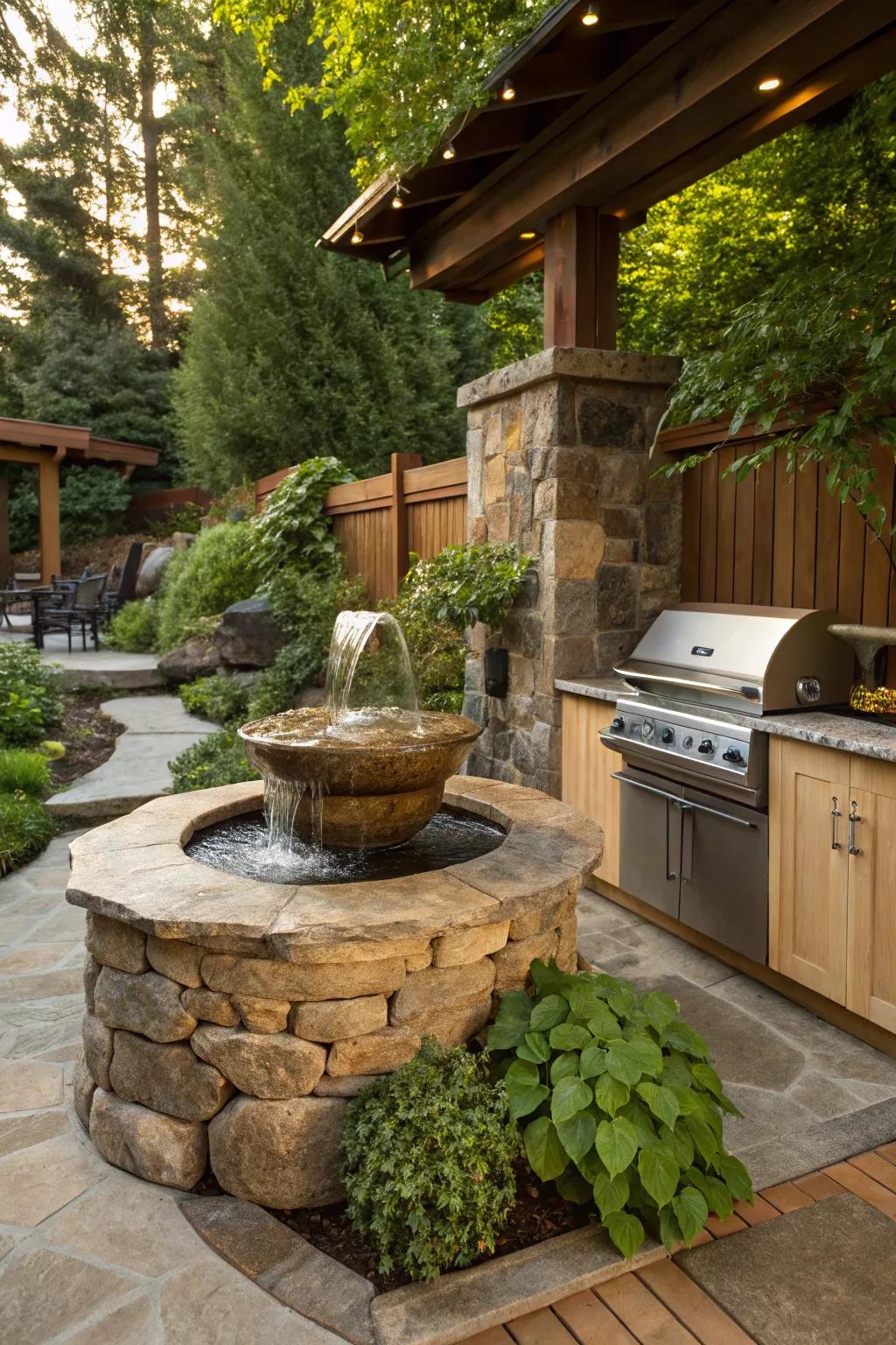 Transform your outdoor kitchen with a handcrafted water feature for a touch of tranquility.