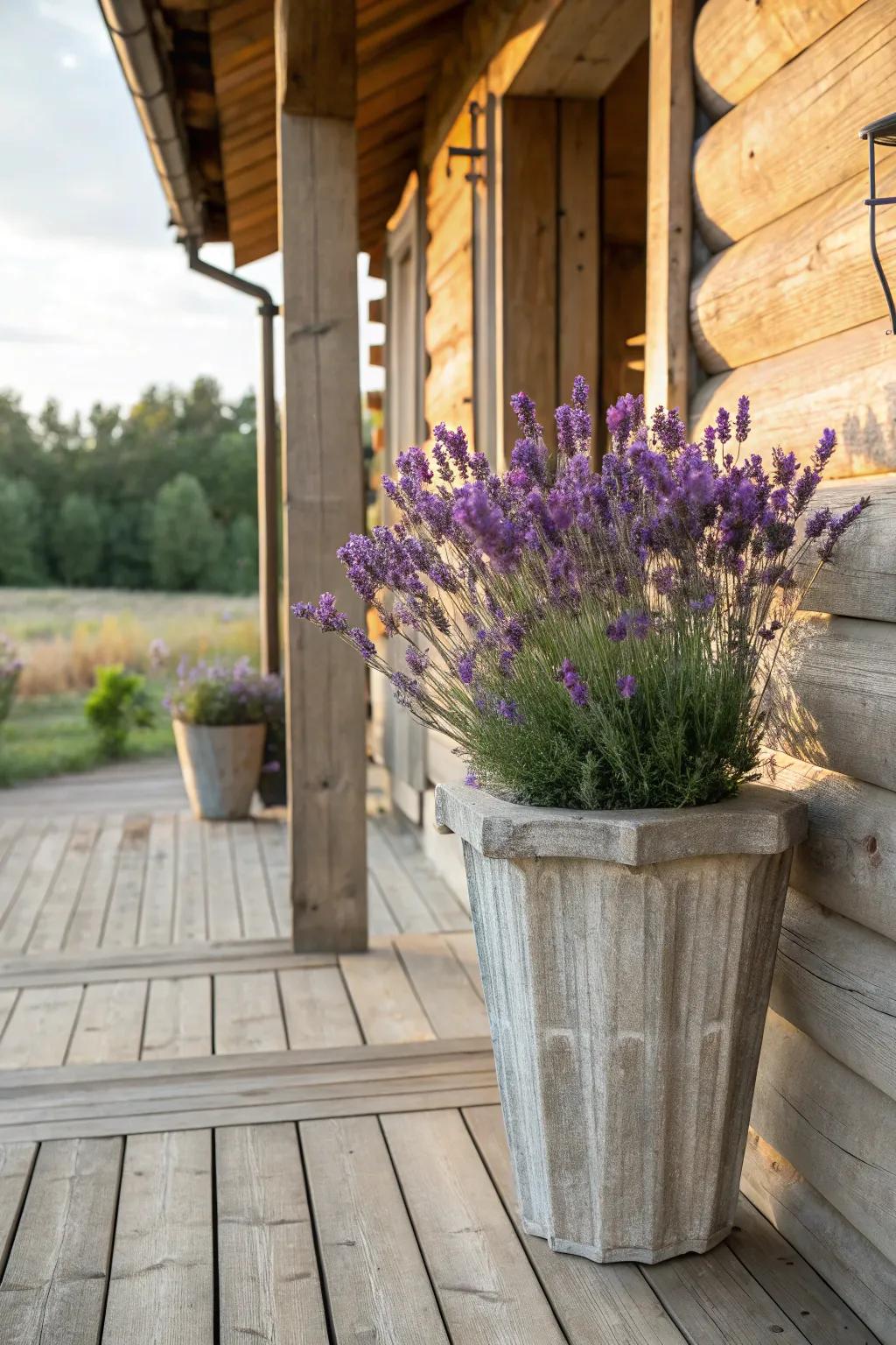 Timeless elegance with lavender, adding a calming touch to the porch.
