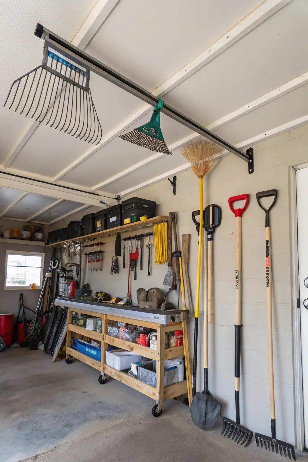 Ceiling hooks are a versatile storage option for a variety of items.