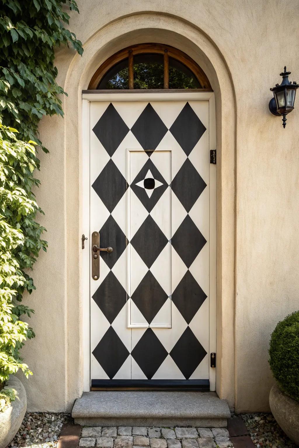 Elevate your space with the timeless elegance of a black and white checkerboard door.