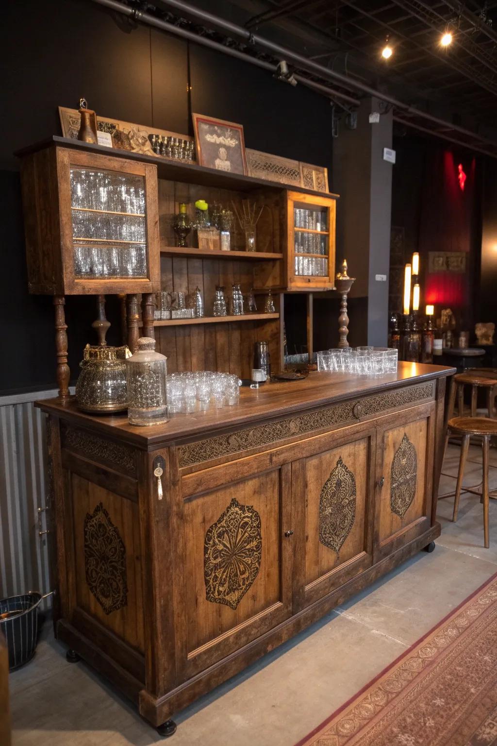 Step into nostalgia with this vintage pallet bar, where antique elegance meets rustic charm.