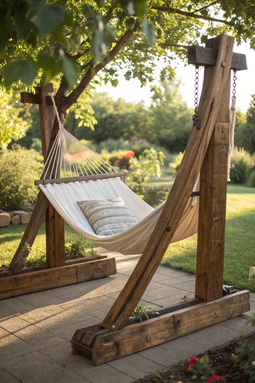 Unwind in style with this beautifully crafted pallet hammock stand, your ultimate escape into relaxation.