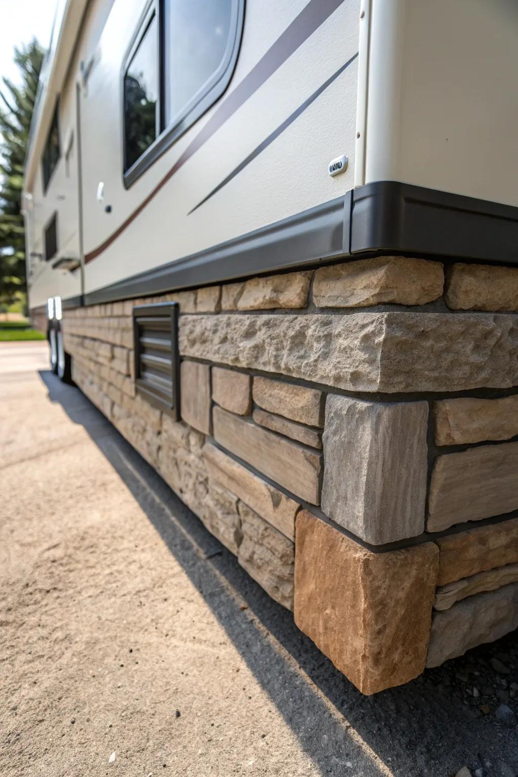 Transform your RV with the rustic elegance of faux stone skirting.