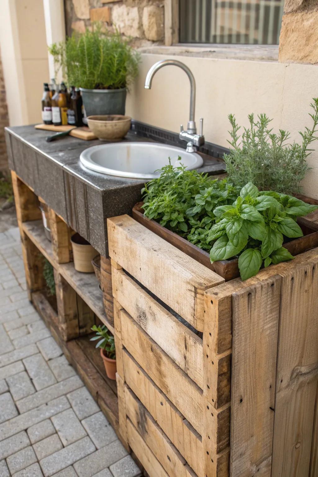 Elevate your space with a handcrafted pallet sink and a fresh herb planter, perfect for those who value style and sustainability.