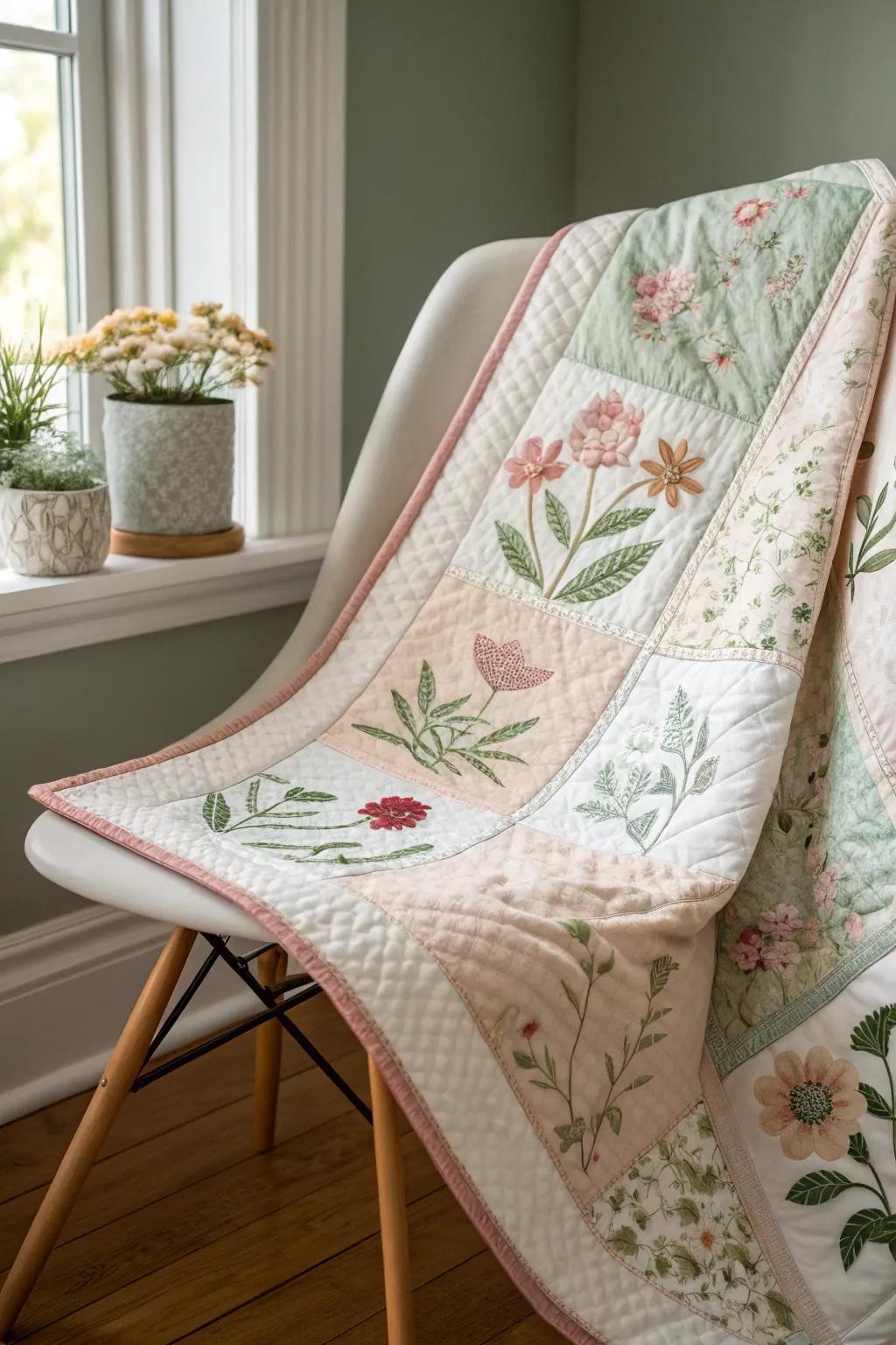 Embrace the charm of perpetual springtime with this botanical quilt masterpiece, where craftsmanship meets natural beauty.