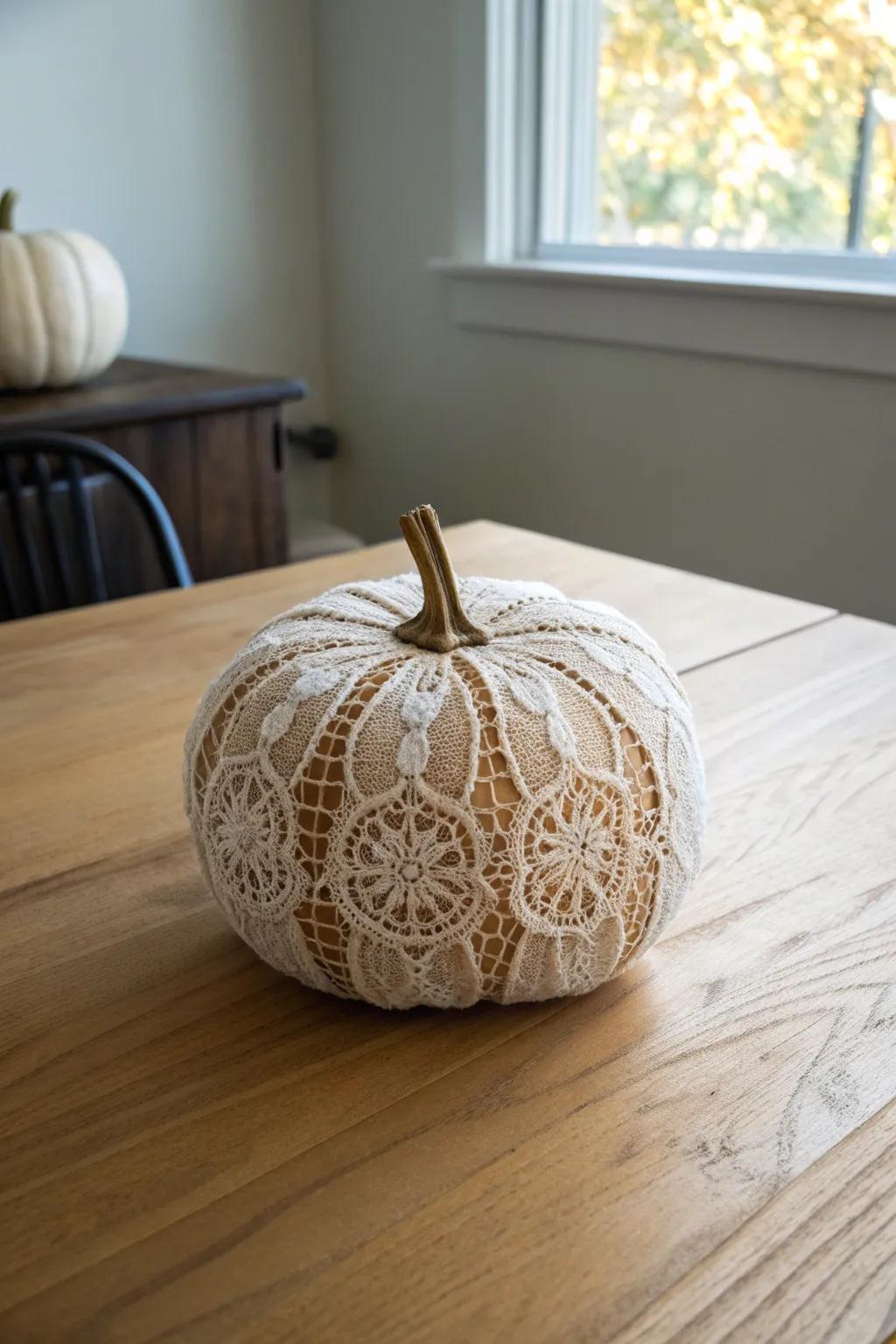 Embrace timeless elegance with a vintage lace pumpkin, perfect for adding a touch of sophistication to any setting.