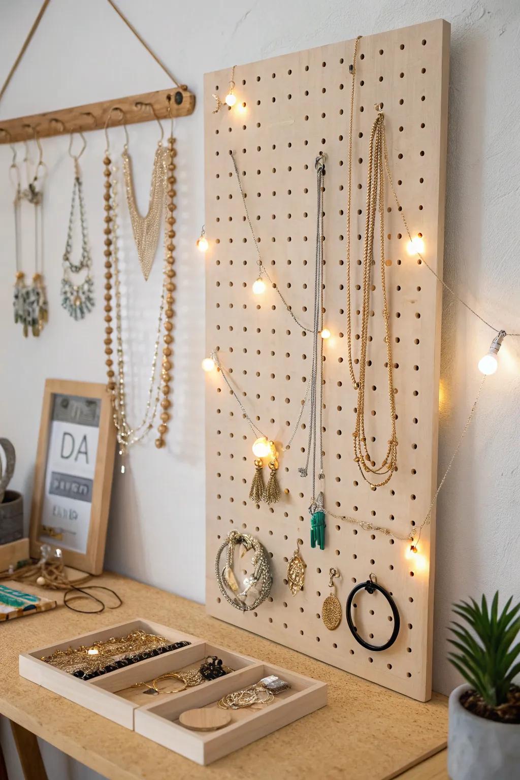 Illuminate your style with a Scandinavian-inspired pegboard jewelry display, elegantly showcased with warm LED lighting.