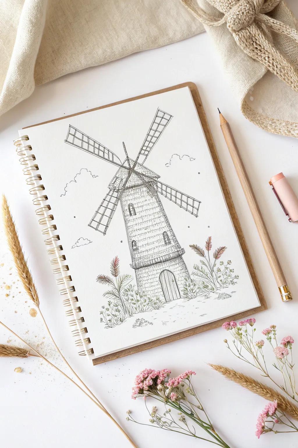 Capture the essence of whimsical elegance with this minimalist pen art windmill.