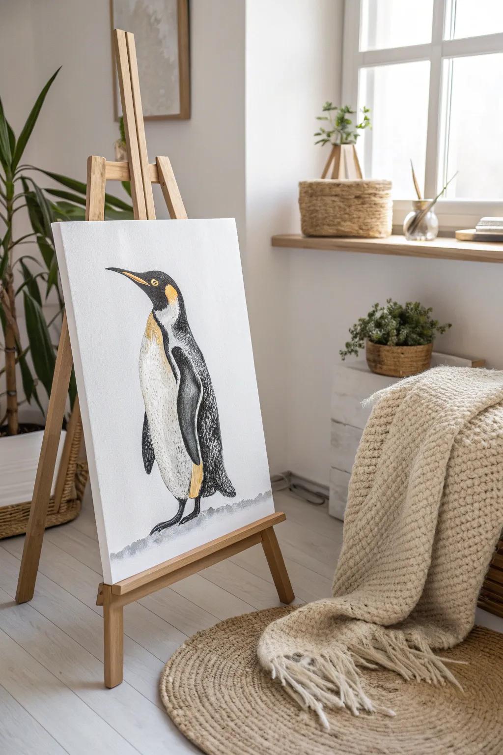 Elevate your space with a touch of luxury: Metallic-accented penguin art inspired by Scandinavian minimalism.