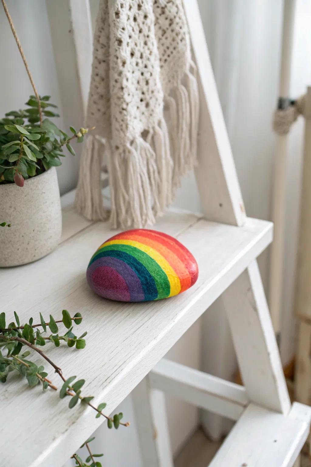 Bring a splash of color to your decor with this charming rainbow rock, perfect for adding a touch of joy to any minimalist space.