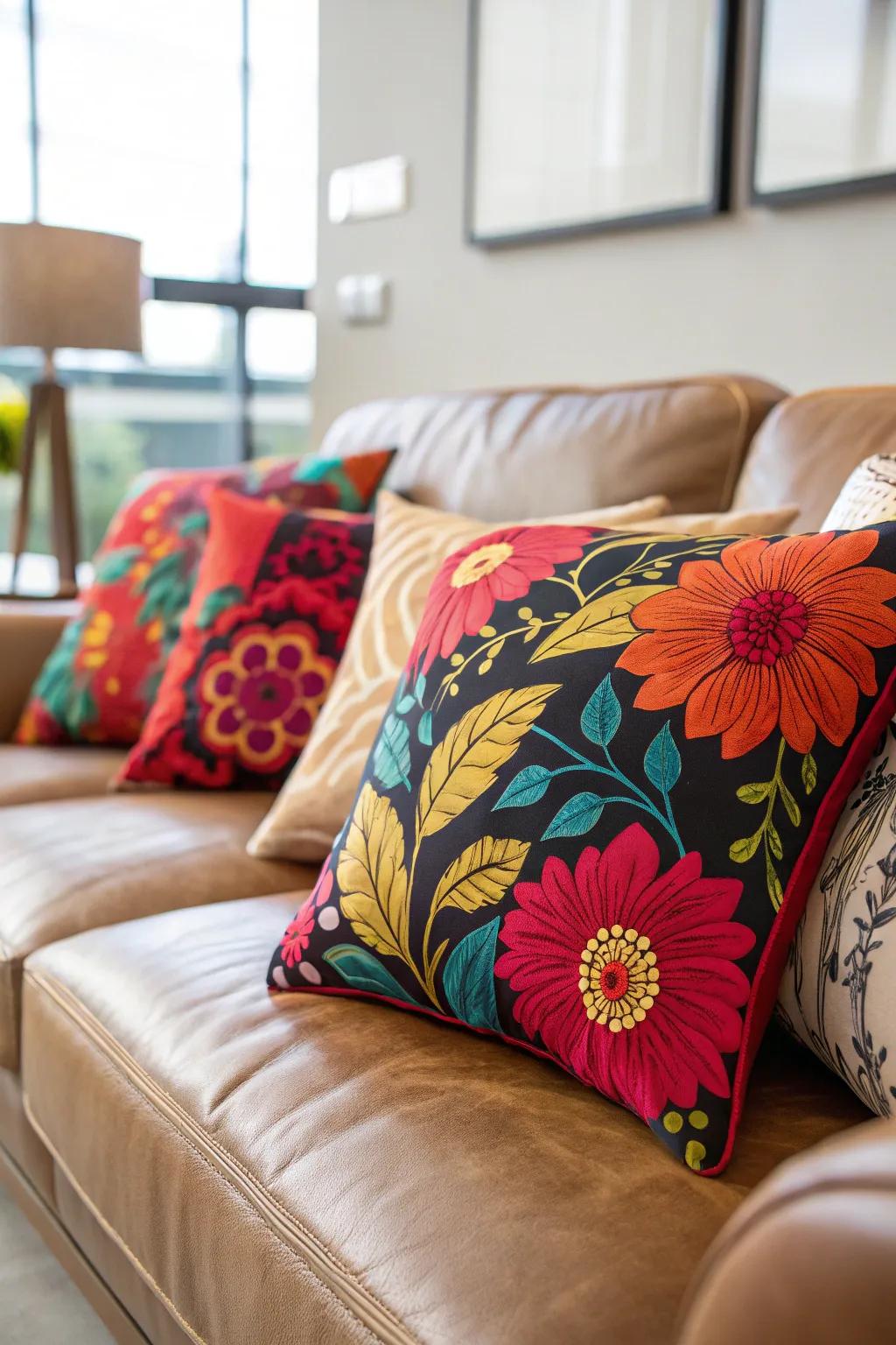 Bold floral pillows bring a burst of nature to a leather couch.
