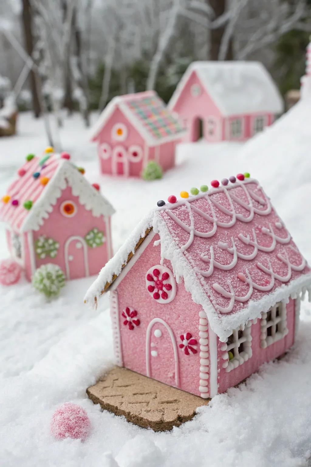 A charming mini village of pink gingerbread houses.